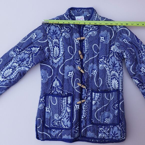 Vtg Chandni Boho Floral Quilted Jacket Women’s M Blue White Frog Button Indie - Picture 10 of 11
